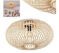 Plafonnier Oravi, lampe en métal noir abat jour en bois naturel, créant un jeu de lumière contre le plafond, idéal pour un salon modern, 1x E27, ampoule(s) non incluse(s)