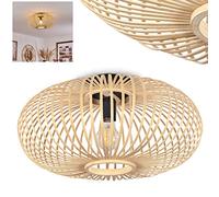 Plafonnier Oravi, lampe en métal noir abat jour en bois naturel, créant un jeu de lumière contre le plafond, luminaire idéal pour un salon modern, 1x E27, ampoule(s) non incluse(s)