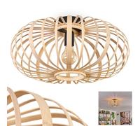Plafonnier Oravi, plafonnier rond en bambou/bois/métal naturel/noir, 1 flamme, douille E27, Ø 45 cm, luminaire boho avec un superbe effet lumineux grâce à l'aspect grillagé, sans ampoules