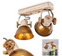 Plafonnier Orny en bois et métal aspect bronze ancien, 2 spots de plafond pivotants de style rétro-industriel, idéal dans un salon vintage, pour 2 ampoules E27, ampoule(s) non incluse(s)