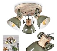 Plafonnier Orny en bois et métal blanc & vert, 3 spots de plafond pivotants de style rétro-industriel, idéal dans un salon vintage, pour 3 ampoules E27 max. 60 Watt, compatible ampoules LED