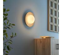Plafonnier ou applique Jio pierre naturelle verre 25 cm | Diamètre 25 cm, pierre beige clair, bois et verre blanc, pose plafond ou murale, culot G9