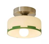 Plafonnier Rond En Verre Crème, Abat-Jour Cylindrique À Rayures Vertes, Fixation Encastrée Avec Quincaillerie Métallique Rétro, Idéal Pour Couloir, Entrée, Hall Ou Cuisine.