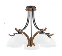 Plafonnier Rustique Métal Bois Verre B: 50 Cm 5X E27 Brenta