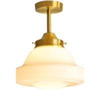 Plafonnier semi-encastré rétro moderne avec abat-jour globe en verre opale et finition laiton, hauteur réglable, idéal for un couloir ou une chambre.