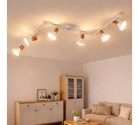 Plafonnier, spot de plafond, lampe de chambre, bande spot, 6 flammes, réglable, métal, aspect bois, blanc, 6x douilles E14, LxlxH 150x13x16 cm