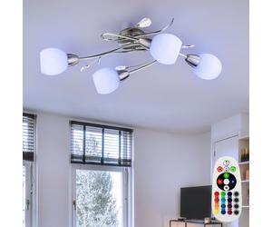 Plafonnier spot en cristal lampe de plafond en verre opale chrome, feuilles décoratives, télécommande dimmable, 4x LED RVB 4,8W 470Lm blanc chaud, L 70 cm
