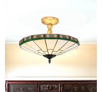 Plafonnier Style Tiffany Vert Crème, Laiton Antique Verre Tiffany E14