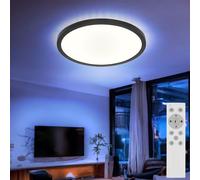 Plafonnier LED Salle de bain Lampe de chambre à coucher Lampe de salon, plastique blanc noir, télécommande gradable RVB changement de couleur Backlight Timer CCT, 18W 1600lm 3000-6000K, D 29,4 cm