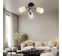 Plafonnier salon lampe plafonnier salle à manger lampe chambre lumière, métal bois textile noir or, 3 ampoules E14, H 27,5 cm