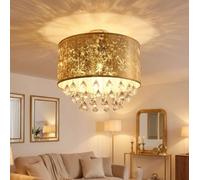 Plafonnier Suspension Lustre en Cristal Lampe de Salon Lustre Or Tissu