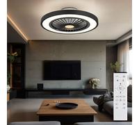 Ventilateur de plafond plafonnier lampe de salon lampe de chambre à coucher, métal plastique noir, télécommande dimmable rotation droite/gauche minuterie CCT, 1x LED 45W 2080Lm 3000-6500K, D 54cm