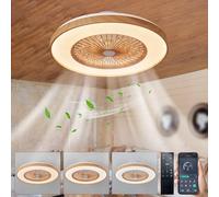 Plafonnier Ventilateur De Plafond Silencieux, Ventilateur Plafond Sans Pale Moderne Couleur Du Grain Du Bois, Dimmable, Réversible DC Motor, 6 Vitesses, Lampe Ventilateur Led Pour Chambre Salon Bureau