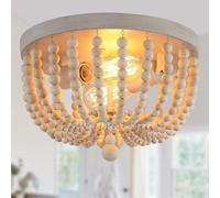Plafonnier vintage en bois à 3 ampoules, E27 Lampe suspendue bohème Perles en bois naturelles Lustre Style maison de campagne Éclairage de ferme Rétro pour chambre à coucher Salon Couloir
