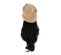PLAFOPE Bonnet en Maille Beige Chaud Postiche Longue Bou Noire Amovible pour Femme, Ensemble 2 Pièces, Postiche à Chapeau Détachable, Coiffure Hiver Confortable, Accessoires Cheveux