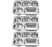 PLAFOPE Lot de 3 Plateaux Repas en Acier Inoxydable, 5 Compartiments Peu Profonds, Rectangulaires, pour Cafétéria et Restauration Scolaire, Plateaux Métalliques Réutilisables, Adaptés