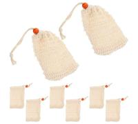 PLAFOPE Lot de 8 Pochettes Porte-Savonnette en Filet à Cordon Perles en Bois Couleur Café, Filet Exfoliant Réutilisable Gommage Corporel, Séchage Rapide, Accessoire Hygiène Salle de Bain
