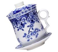 PLAFOPE Tasses à Thé Fond Antidérapant avec Infuseur en Céramique Bleue Set de 4 et Soucoupe, Design Chinois Traditionnel et Artisanat Raffiné pour Dégustation