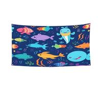 PLAGDECNA Bannière d'Halloween pour fête en plein air, cour, porche, toile de fond durable pour fêtes, jardin, bar, poisson de mer de dessin animé, grand drapeau en polyester résistant aux déchirures