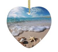 PLAGDECNA Décoration de Noël en céramique en forme de cœur, impression recto-verso, décoration murale pour arbres/décorations de Noël, souvenir en porcelaine imprimée plage avec ficelle dorée pour la