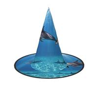 Plagdecna Lot de 2 chapeaux de sorcière pliables réglables pour femmes et adultes, décoration de fête d'Halloween, dauphins dans la mer, casquette de magicien pointu, accessoire de costume léger pour