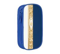 Plagdecna Trousse à crayons double couche pour filles et garçons, boîte à crayons dorée, bleu et blanc, grande capacité, organiseur de fournitures scolaires, sac de papeterie en tissu Oxford durable