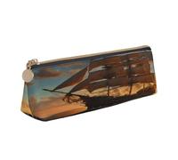 Plagdecna Trousse triangulaire en cuir pour l'école, le bureau, les voyages, motif bateau pirate fantastique, trousse à crayons étanche, porte-accessoires d'écriture, pochette compacte zippée pour