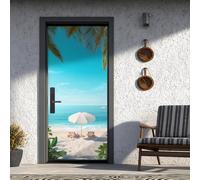 Plage Autocollant Porte Été Mer Sticker Porte Trompe L'oeil 95x215 cm, Palmier Poster de Porte Auto-AdhéSif Imperméabl Chambre Cuisine Bain Salle