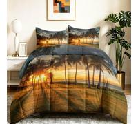 Plage Couette sans housse avec taie d'oreiller, parure de lit légère en microfibre douce 200 x 200 cm, Naturelle Palmier Tropical Soleil Parure de lit réversible pour toutes les saisons Orange