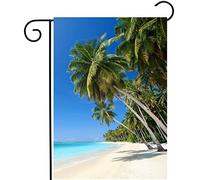 Plage D'Été, Palmiers, Mer Bleue, Océan, Paysage Tropical, Nature Bannière Décoratif Drapeau De Jardin Résistant Aux Intempéries Drapeau Pour Cour Célébrations Bar 30X45Cm