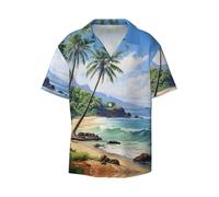 Plage hawaïenne à imprimé palmiers pour hommes léger et élégant style classique col cubain manches courtes poche pratique, Noir , 4XL