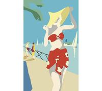 PLAGE Papier peint intissé Promenade en bord de mer 250 cm X 150 cm, Femme glamour en tenue de et chapeau jaune