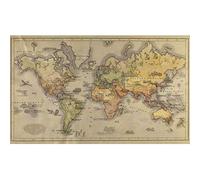 PLAGE Papier peint mappemonde vintage, 250 cm X 150 cm, effet panoramique ancienne carte du monde, marron vieilli.