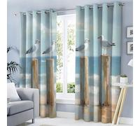 Plage Paysage Lot de 2 Rideaux Occultants pour Salon et Chambre, Tas De Bois Oiseau Motifs Rideaux Thermique Isolant Anti Froid, 132L X 213H cm, Rideau avec Œillets, Bleu Clair