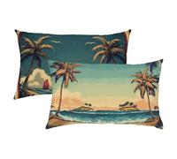 Plage Taie Oreiller 45x70 Lot de 2, Housse Coussin Lin Rétro, Taies d'oreiller Luxueuse et Rafraîchissante, Housse de Coussin Exterieur Impermeable, Coussin Decoratif pour Canapé, Salon, Coucher S-384