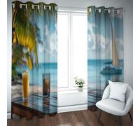 Plage Tropicale Impressions Palmier Rideaux occultants Vue Unique sur l’océan avec Salle des Boissons Rideau de fenêtre assombrissants pour la décoration intérieure 2X B117 x H183 cm