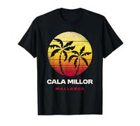 Plage Tropicale rétro de Cala Millor Mallorca avec Coucher de Soleil sur Les Palmiers T-Shirt