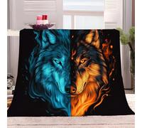 Plaid 180x200 cm, motif loup, élément eau et feu, en flanelle polaire ultr