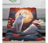 Plaid 3D Imprimé Motif Renard Lune Microfibre Décor Maison Couverture Automne Loup Nuit Canapé Lit Adultes Jeunes 50x60(127x152cm)