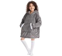 Plaid à Capuche Enfant Plaid Pull Couverture Canapé Polaire avec Manche Garçons Filles avec Poches Portables TV Hiver 70cm Gris
