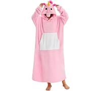 Plaid avec Manche Pull Couverture Chemise de Nuit Femme Manche Longue Robe Sweat Peluche Panda Plaid Canape avec Grande Poche Frontale Sweats à Capuche Surdimensionné(Taille unique, Cheval Rose)