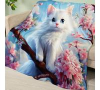 Plaid Blanc Chat Rose Jeté de Canapé Chaud Plaid Polaire Epais Doux Jete de Canape Lavable Blanket Été Quatre Saisons Couvre Canape Flanelle Couverture Polaire Plaide 180x220cm