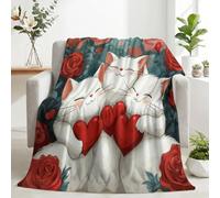 Plaid Canapé Chat Rose Cœur Saint Valentin Couverture Polaire 130x150 | Flanelle Microfibre Douce, Cartoon Kawaii Japonais Jeté de Lit et Canapé Chaud et Moelleux, Léger et Respirant pour Salon