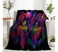 Plaid Canapé Doux Deux Loups Psychédéliques Gothique Flanelle Microfibre | Jeté de Lit, Couverture Polaire 220x240cm, 270g/m², Effet Cocooning, Loup Mystique Couronne Florale Bohème, Respirante
