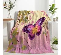 Plaid Canapé Papillon Rose Violet Fleurs Couverture Polaire 70x100 | Flanelle Microfibre Douce, Plantes Botaniques Vintage Jeté de Lit et Canapé Chaud et Moelleux, Léger et Respirant pour Salon