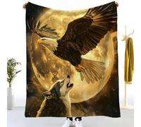 Plaid Canape Polaire 180x200 cm - Motif Animal Aigle Loup Plaid Couverture Polaire 2 Personnes Lit Jete, Or Automne Hiver Couverture Sherpa en Douce et Chaud, Enfant Couverture Cadeau