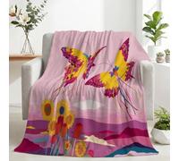 Plaid Canapé Polaire Flanelle Ultra Doux Champ Fleurs Papillons Féerique | Couverture Chaude et Confortable 130x150cm Tournesol Rose, Jeté de Lit et Fauteuil, Plaid Salon Effet Cocooning