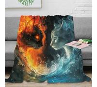 Plaid Chat Feu Eau 3D Imprimé Microfibre Chaude Décoration Maison Couverture Chat Élémentaire pour Adulte Canapé Chambre 80×90(200x230cm)