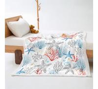 Plaid Coral Étoile De Mer Bleu Plaid Polaire Flanelle et Laine Agneau Jeté de Canapé Conception Recto Verso Couverture Polaire Mou Plaide Soins Faciles Lavable Couverture Laine 150x200cm