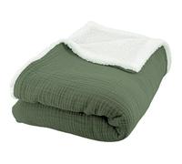 Plaid - COTE DECO - 130x170 - Vert Kaki - Gaze de Coton - Sherpa - Certifié OEKO-TEX